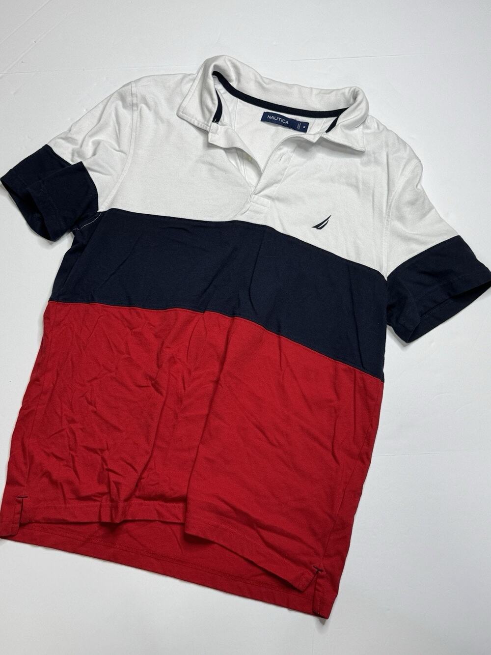 Nautica Mens M Red White Navy Colorblock Polo Shirt Cotton Blend Logo